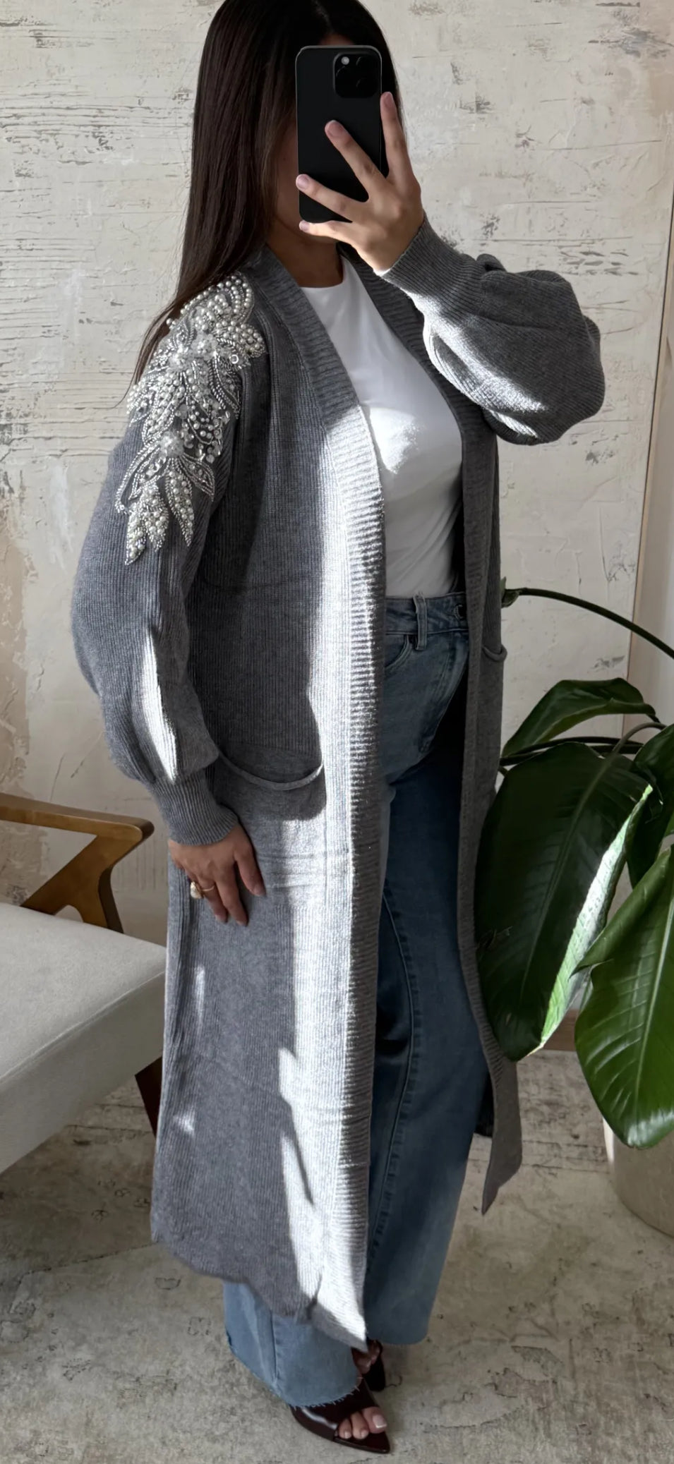 Kimono Ambar cachemira suave con piedras y perlas AJ-211