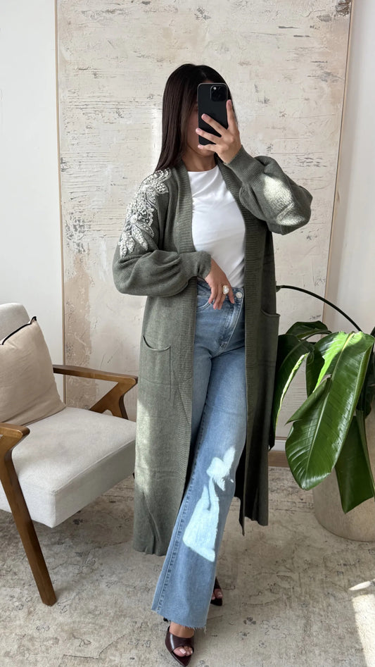 Kimono Ambar cachemira suave con piedras y perlas AJ-211
